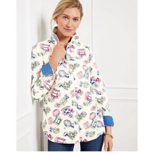 Talbots White Button-Down Shirt with Red and Blue Travel Prints
